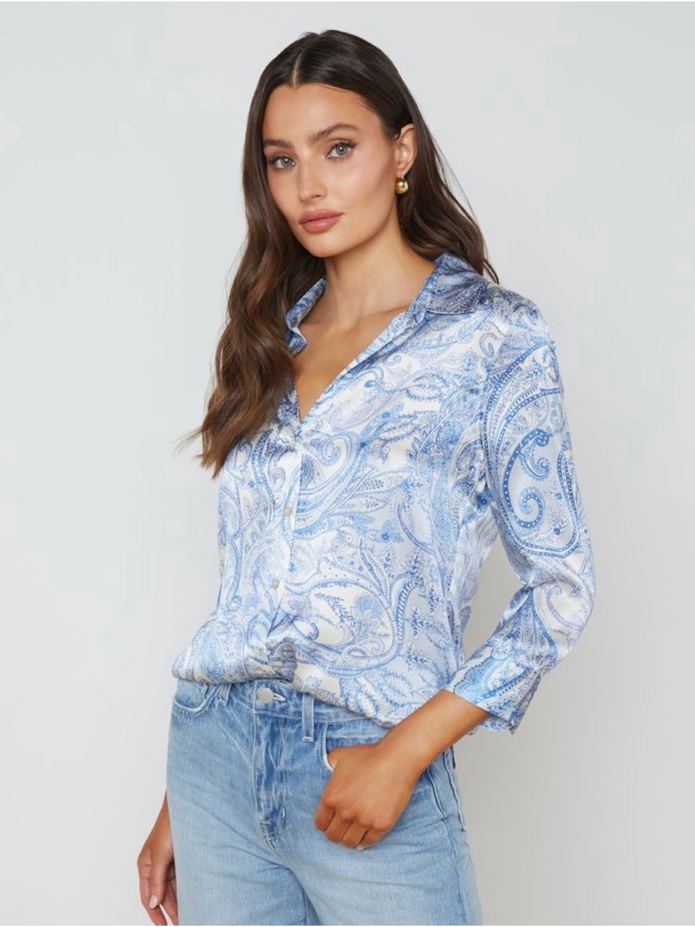 L’AGENCE Dani Silk Blouse - Ivory/Blue Decorated Paisley size small